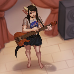 5_fingers 5_toes barefoot black_hair bottomwear clothed clothing electric_guitar eyebrows eyelashes feet female fingers fully_clothed guitar hair horn lips musical_instrument not_furry parody plucked_string_instrument shirt skirt solo standing string_instrument text text_on_clothing text_on_shirt text_on_topwear toes topwear kittydee nasa humanoid 1:1 2020 digital_media_(artwork) hi_res