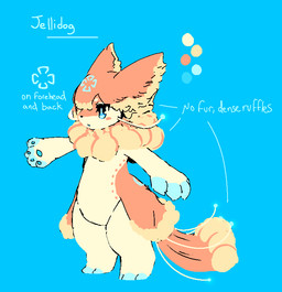ambiguous_gender anthro back_markings big_ears blue_background blue_eyes blue_pawpads color_swatch facial_markings floral_markings forehead_markings head_markings long_tail markings monotone_background nude pawpads simple_background solo standing tail text kemopudding jellidog english_text full-length_portrait model_sheet portrait