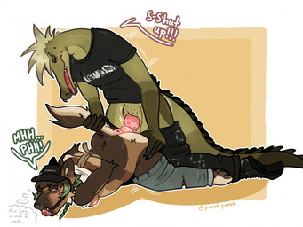 alternative_fashion anatomically_correct animal_genitalia animal_vulva annoyed anthro arms_tied ball_gag bound butt butt_grab canine_genitalia canine_vulva clothed clothing dialogue doggystyle ear_piercing eyes_closed female from_behind_position gag gagged genitals hand_on_butt highlights_(coloring) male male/female mohawk partially_clothed penetration piercing punk punk_hair sex squinted_eyes tail tail_grab text thought_bubble vaginal vaginal_penetration vulva punkt.punkk kennedy_(punkt.punkk) canid canine canis crocodile crocodilian domestic_dog gavialid german_shepherd gharial herding_dog mammal pastoral_dog reptile scalie english_text hi_res