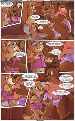 ageplay anthro blue_eyes brown_body brown_eyes brown_fur building clothed clothing dialogue diaper dressing_up duo exposed_diaper female fur furniture inside pink_outfit roleplay size_difference skirtalls sofa speech_bubble text tickling yellow_eyes yellow_outfit paddedulf elaina_frollicks_(paddedulf) bear lagomorph leporid mammal rabbit 5:8 comic digital_media_(artwork) english_text hi_res