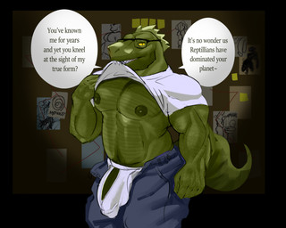 5_fingers anthro balls big_bulge blue_bottomwear blue_clothing blue_jeans blue_pants body_hair bottomwear bulge butt chest_hair clothed clothing clothing_lift conspiracy_board corkboard denim denim_bottomwear denim_clothing detailed_bulge drawing_(object) eyewear fingers genital_outline genitals glasses green_body green_scales green_skin grill jeans lidded_eyes male musclegut muscular muscular_anthro muscular_arms muscular_male nipples open_bottomwear open_clothing open_pants pants paper penis penis_outline post-it_note pubes red_yarn scales scribbles scutes sharp_teeth shirt shirt_lift solo speech_bubble stubble tail teeth text topwear towel underwear vein veiny_penis white_clothing white_shirt white_topwear white_underwear yellow_eyes tiburalgo alien human iguana iguanid lizard mammal reptile scalie english_text hi_res