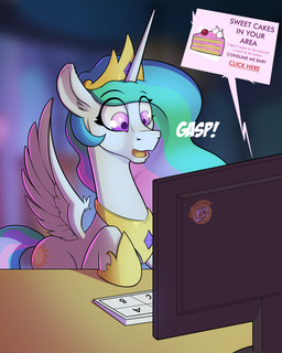 advertisement cake computer crown dessert electronics fake_advertisement female feral food gold_(metal) gold_jewelry headgear horn humor internet jewelry open_mouth solo stare wing_boner wings cocaine_(artist) conditional_dnp friendship_is_magic hasbro my_little_pony mythology princess_celestia_(mlp) equid equine horse mammal mythological_creature mythological_equine pony winged_unicorn 4:5 absurd_res hi_res