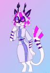 antennae_(anatomy) blush clothed clothing eyewear female glasses simple_background solo standing twee-lil-lass floraverse neon_(floraverse) bovid caprine felid goat hybrid mammal pantherine scrapgoat tiger turf_tiger hi_res trans_(lore) trans_woman_(lore)