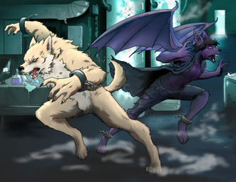 anthro chain claws clothed clothing cuff_(restraint) duo female fog fur hair laboratory male male/female open_mouth partially_clothed purple_body purple_fur restraints shackles tail teeth torn_clothing white_body white_fur wings yellow_body yellow_fur mynth jaydah_ayrshire shade_silverstar bat canid canine canis mammal vampire wolf 2023 absurd_res colored digital_drawing_(artwork) digital_media_(artwork) hi_res shaded