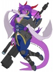 3_fingers anthro big_ears boots bottomwear breasts cleavage clothed clothing eyewear female fingers footwear glasses green_eyes gun hair horn jacket long_hair non-mammal_breasts pants purple_body purple_hair ranged_weapon rifle scarf shoes sniper_rifle solo tail topwear weapon wide_hips zipper avencri mythology vencrina dragon mythological_creature mythological_scalie scalie digital_media_(artwork)