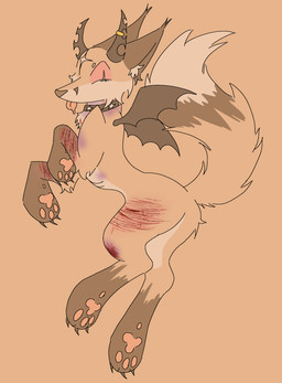 ambiguous_gender bright_colors brown_body brown_fur bruised claws collar drugs feral fox_markings fur horn markings membrane_(anatomy) membranous_wings orange_body orange_fur pawpads red_sclera scar self-harm self-harm_scars solo star_(marking) stoned substance_intoxication tan_body tan_fur tongue tongue_out wings real_feral filth_persona canid canine fox mammal absurd_res hi_res