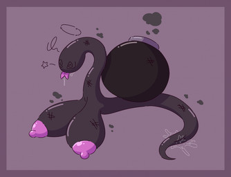 black_body bodily_fluids bomb breasts busty_feral dizzy dizzy_eyes explosives female feral forked_tongue genital_fluids genitals nipples post_explosion purple_nipples saliva smoke solo tongue vaginal_fluids vulva ikakins gastropod mollusk reptile scalie snail snake snittle hi_res