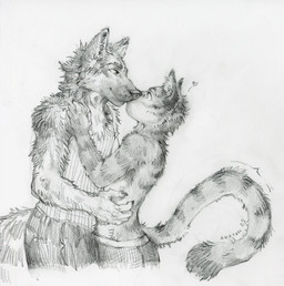 anthro anthro_on_anthro clothed clothing duo kissing male male/male markings mouth_closed side_view simple_background standing striped_arms striped_markings striped_tail stripes tail tail_markings topless akatan_art canid canine felid mammal 2025 dated hi_res monochrome signature traditional_media_(artwork)