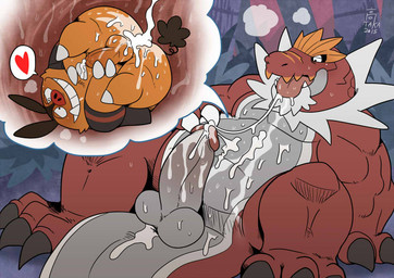 anthro anthrofied balls belly biceps bodily_fluids cum cum_on_tongue duo erection genital_fluids genitals humanoid_genitalia humanoid_penis male male/male male_pred male_prey muscular muscular_male non-mammal_balls nude open_mouth overweight penis saliva semi-anthro sitting size_difference slightly_chubby sweat teeth tongue vore takataka nintendo pokemon dinosaur fossil_pokemon generation_5_pokemon generation_6_pokemon mammal pignite pokemon_(species) prehistoric_species reptile scalie suine theropod tyrantrum 2015
