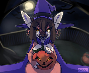 anthro arm_tuft breasts brown_eyebrows brown_hair cape clothing detailed_background eye_through_hair eyebrows eyelashes facial_piercing female food fruit full_moon furgonomics hair hat headgear headwear holding_jack-o'-lantern holding_pumpkin holidays jack-o'-lantern moon mostly_nude mostly_nude_anthro mostly_nude_female night nose_piercing nose_ring outside piercing plant pumpkin purple_cape purple_clothing purple_hat purple_headwear ring_piercing septum_piercing septum_ring shoulder_tuft solo thick_thighs translucent translucent_hair tree tuft white_sclera wide_hips witch_hat paggi halloween trasha ambient_bat canid canine deer fox hybrid mammal 2021 digital_drawing_(artwork) digital_media_(artwork) english_description hi_res portrait