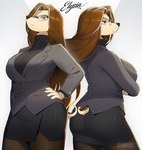 anthro big_breasts black_bottomwear black_clothing black_jacket black_legwear black_nose black_pantyhose black_skirt black_sweater black_topwear bottomwear breasts brown_hair clothing crossed_arms eyewear female frown glasses hair hand_on_hip jacket legwear long_hair miniskirt pantyhose short_tail skirt solo standing sweater tail text topwear wearing_glasses yellow_body 00niine elysia_(00niine) canid canine canis domestic_dog mammal 2023 character_name hi_res signature