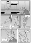 absurd_res anthro black_and_white braun_(kifyun2) canid canine chair clothed clothing comic dialogue duo emily_braun(undying_void) english_text female fox furniture hi_res inner_ear_fluff inside kifyun2 male mammal monochrome simple_background sitting speech_bubble text tuft