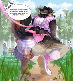 ballcap bench body_harness bottomwear breasts clothed clothing cloud crouching day dirt_path ears_back embarrassed eyebrows eyelashes eyewear feces feces_bulge feces_drip feces_stain female flower footwear fully_clothed fur glasses grass group hair harness leaking_feces leash looking_at_another looking_back male markings offscreen_character outside panties park park_bench pattern_bottomwear pattern_clothing pattern_panties pattern_underwear pivoted_ears plant pointy_ears prick_ears raised_tail rear_view shocked shoes sitting sky soiled_panties soiling solo_focus stained_panties standing striped_bottomwear striped_clothing striped_panties striped_underwear stripes surprised tail text tiptoes tree underwear upskirt whisker_markings lexxypawz bri_(kalash) canid canine canis coyote mammal species_request 2026 character_request english_text hi_res