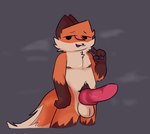 animal_genitalia animal_penis anthro balls blush erection fur genitals hair knot looking_at_viewer male musk musk_clouds nipples nude open_mouth penis simple_background solo tail text justrlx rlx_(justrlx) canid canine fox mammal digital_media_(artwork) shaded