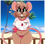 anthro beach bikini bikini_bottom biped brown_body brown_fur buckteeth chest_tuft clothed clothing emanata eye_through_hair eyebrow_through_hair eyebrows eyelashes eyelashes_through_hair eyewear female fingers front_view fur glasses hair lifeguard long_tail looking_at_viewer navel palm_tree plant red_cross round_glasses sand sea seaside skimpy solo standing swimwear tail teeth thin_tail translucent translucent_hair tree tuft two-piece_swimsuit water wave worried worried_look wireless_shiba a.i.m._(game) diana_engel diana_engel_(wireless_shiba) mammal mouse murid murine rodent absurd_res hi_res portrait three-quarter_portrait