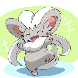 ambiguous_gender big_ears blush feral fur grey_body grey_fur hair happy kemono neck_tuft open_mouth paws simple_background smile solo tail tuft white_hair yellow_background noye nintendo pokemon cinccino generation_5_pokemon pokemon_(species) 1:1 2025 digital_drawing_(artwork) digital_media_(artwork)