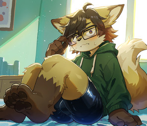 4_fingers 4_toes adolescent anthro bangs barefoot bed bent_legs black_bottomwear black_clothing black_eyebrows black_eyewear black_glasses black_hair black_nose black_pawpads black_shorts blush blush_lines bodily_fluids bottomwear brown_body brown_ear_tips brown_eyes brown_fur brown_markings brown_nose bulge clothed clothed_anthro clothed_male clothing countershade_face countershading dipstick_ears dipstick_tail drawstring drawstring_clothing drawstring_hoodie drawstring_topwear ear_markings embarrassed eyebrow_through_hair eyebrows eyewear feet fingerpads fingers fully_clothed fully_clothed_anthro fully_clothed_male fur furniture glasses glistening glistening_bottomwear glistening_clothing glistening_shorts green_clothing green_hoodie green_topwear hair hood_down hoodie iris kemono leg_markings looking_at_viewer male male_anthro markings monotone_bottomwear monotone_clothing monotone_hair monotone_hoodie monotone_shorts monotone_topwear mouth_closed multicolored_body multicolored_ears multicolored_fur on_bed orange_body outside pawpads plantigrade plantigrade_pawpads pupils rectangular_glasses shorts sitting sitting_on_bed skimpy socks_(marking) solo spandex spandex_shorts sweat sweatdrop tail tail_markings three-quarter_view tight_bottomwear tight_clothing tight_shorts toes topwear translucent translucent_hair wearing_glasses white_body white_countershading white_fur white_inner_ear white_markings white_pupils white_sclera white_tail_tip yellow_body yellow_ears yellow_fur yellow_tail young young_anthro young_male kuzugitsune canid canine fox mammal 2025 full-length_portrait portrait