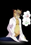 anthro belly big_belly biped bottomwear canid canine canis clothing coat coyote eyewear glasses hair hi_res kneeling lab_coat male mammal pants pregnant pregnant_male solo topwear zerohym