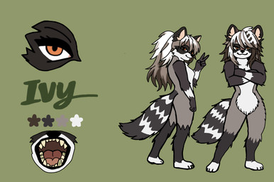 anthro butt female female_anthro fur hair looking_at_viewer mouth_shot nude open_mouth simple_background solo standing tail text crazycrumbz ivy_(crazycrumbz) mammal procyonid raccoon english_text model_sheet