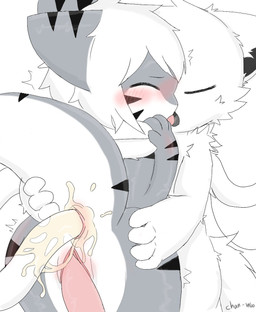 anthro blush blush_lines bodily_fluids butt butt_focus butt_grab duo ejaculation eyes_closed fin fluffy fluffy_tail french_kissing fur genital_fluids grey_body hand_on_butt kissing male male/male open_mouth penetration sex shark_tail simple_background striped_body stripes tail tentacle_penetration tentacles white_body white_fur young chan_woo changed_(video_game) squid_dog_(changed) tiger_shark_(changed) latex_creature hi_res