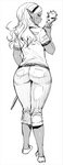 blush butt butt_pose clothed clothing dark_body dark_skin female looking_back not_furry pose simple_background solo staff white_background wide_hips synecdoche plus-sized_elf kuroeda_(plus-sized_elf) dark_elf elf humanoid hi_res monochrome