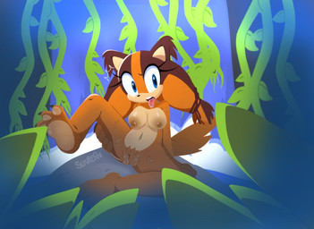 anthro areola blue_eyes bodily_fluids breasts claws countershade_torso countershading ear_tuft eyelashes female genitals glistening glistening_breasts leaf navel nipples nude orange_body pawpads pigtails plant plump_labia pointy_ears pubes rock saliva spread_legs spreading teeth thick_eyelashes toe_claws tongue tongue_out tuft vines voyeur_pov vulva waterfall sunky-the-snooch sega sonic_boom sonic_the_hedgehog_(series) sticks_the_jungle_badger badger mammal mustelid musteline signature