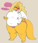 alphys anthro barefoot belly big_belly big_breasts blonde_hair blush bodily_fluids breasts buckteeth clothed clothing coat cobalt_bloatad dialogue embarrassed english_text eyewear feet female front_view glasses hair hi_res huge_breasts lab_coat lizard looking_at_self looking_down navel_outline nervous nervous_smile non-mammal_breasts obese obese_anthro obese_female open_mouth open_smile overweight overweight_anthro overweight_female panties reptile scales scalie sharp_teeth simple_background smile solo speech_bubble standing stuttering surprise sweat teeth text thick_thighs three-quarter_view tight_coat tongue topwear undertale undertale_(series) underwear wide_hips worried yellow_body yellow_scales