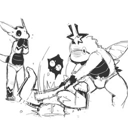 antennae_(anatomy) anthro ballbusting bent_legs black_sclera clothing cock_and_ball_torture feet genital_torture group holding_bat male simple_background soles spread_legs spreading swimwear swimwear_only trio white_background wings worried moesouna_gomi faith_(moesouna_gomi) ringula shiva_osuka arthropod insect lepidopteran moth 1:1 2026 monochrome