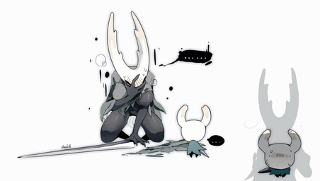 2_horns ambiguous_gender anthro areola black_areola black_body black_eyes blue_cloak blue_clothing blush blush_lines bodily_fluids breast_squish breasts breath clawed_hands claws cloak clothing dot_eyes duo ellipsis embarrassed female flashing glistening glistening_body glistening_breasts glistening_thighs green_cloak green_clothing hand_on_face holding_melee_weapon holding_object holding_sword holding_weapon horn kneeling looking_up looking_up_at_another looming looming_over melee_weapon nipple_slip nipples pink_blush shadow simple_background simple_eyes size_difference squish standing sweat sweatdrop sword sword_on_ground torn_cloak torn_clothing weapon white_background white_head jane_mealoth hollow_knight_(franchise) team_cherry hollow_knight_(character) the_knight_(hollow_knight) arthropod insect vessel_(species) 2026 colored digital_media_(artwork) hi_res shaded signature nonbinary_(lore) sibling_(lore)