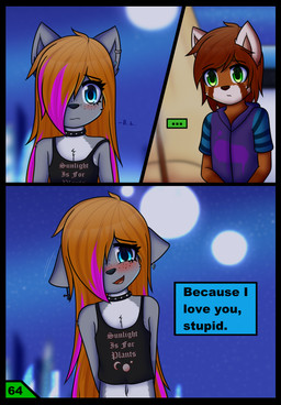 alternative_fashion anthro black_border blush border clothing confession crop_top dialogue emo female i_love_you insult_of_endearment male navel piercing punk romantic_confession shirt text topwear young dream_mirage axel_biersack kayla_kitsune ailurid canid canine canis fox hybrid mammal red_panda wolf comic english_text hi_res
