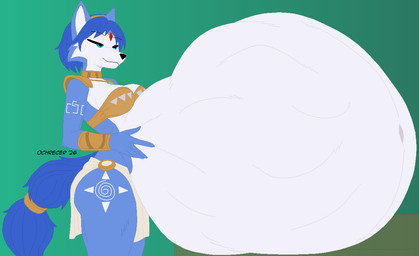 abdominal_bulge ambiguous_gender ambiguous_prey anthro anthro_pred arm_markings armor belly belly_on_table big_belly blue_body blue_eyes blue_fur blue_hair bottomwear bound bra breasts cheek_tuft choker clothing countershade_belly countershading eyelashes facial_tuft female female_pred forehead_gem fur gem hair hand_on_belly huge_belly hyper hyper_belly jewelry leg_markings loincloth markings medium_breasts multicolored_body multicolored_fur multiple_prey narrowed_eyes navel necklace overweight overweight_anthro overweight_female prey_outline same_size_vore short_hair shoulder_guards side_view smile solo tail tail_tied thigh_markings tuft two_tone_body two_tone_fur unconvincing_armor underwear vore white_body white_fur ochrecer nintendo star_fox krystal_(star_fox) canid canine fox mammal 2026 digital_drawing_(artwork) digital_media_(artwork) hi_res pixel_(artwork)