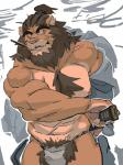 abs anthro asian_clothing beard biceps body_hair bulge chest_hair chest_tuft clothed clothing east_asian_clothing facial_hair fundoshi fur hair japanese_clothing male melee_weapon muscular muscular_anthro muscular_male nipples pecs pubes robe simple_background solo sword teeth topless tuft underwear undressing weapon whiskers motogen felid lion mammal pantherine 2014 hi_res