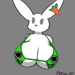anthro artist_name big_breasts bra breasts carrot clothing english_text female food grey_background lagomorph leporid mammal mushisan56 plant rabbit shaded simple_background simple_coloring simple_shading solo text underwear vegetable white_body