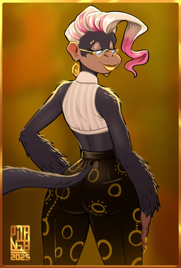 anthro black_body black_fur bottomwear butt clothed clothing crop_top ear_piercing eyebrow_piercing eyelashes eyewear facial_piercing female fully_clothed fur furgonomic_bottomwear furgonomics glasses hair lips lipstick makeup pants piercing rear_view shirt solo standing topwear white_hair yellow_lips yellow_lipstick gatogenerico donkey_kong_(series) donkey_kong_bananza nintendo poppy_kong haplorhine kong mammal monkey primate 2025 hi_res
