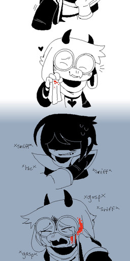 ambiguous_gender ambiguous_human anthro blood blood_on_face bodily_fluids clothed clothed_ambiguous clothed_anthro clothed_human clothed_male clothing comforting comforting_another crying duo eyewear glasses hair hair_over_eyes heart_symbol horn juxtaposition male male/ambiguous male_anthro scarf shadowed_face tears text wiping_cheek honkadoi deltarune undertale_(series) kris_dreemurr ralsei bovid caprine goat human mammal 2025 digital_media_(artwork) english_text hi_res nonbinary_(lore)