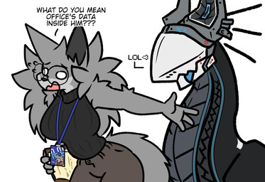 anthro duo eyewear female fur glasses grey_body grey_fur machine male text kangwolf tina_(kangwolf) vst_(fluff-kevlar) android canid canine canis hebinu mammal robot wolf absurd_res english_text hi_res