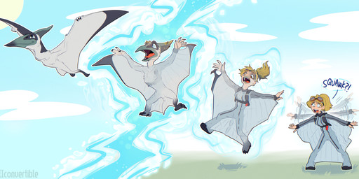 blonde_hair clothing eyewear female feral feral_to_human flying four_frame_sequence fused_fingers goggles grey_clothing hair membrane_(anatomy) membranous_wings open_mouth reality_shift reverse_transformation smile solo species_transformation surprised tail text transformation transformation_sequence wings wingsuit mkiiiconvertible human mammal prehistoric_species pteranodon pteranodontid pterosaur reptile scalie 2025 digital_media_(artwork) hi_res sequence