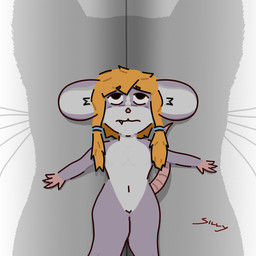 anthro blue_hair_tie corner cornered duo ears_back ears_down female feral fur hair hands_on_wall imminent_vore larger_feral looking_up looking_up_at_another multicolored_body orange_hair pink_hands pink_nose pink_tail pivoted_ears predator/prey purple_body purple_fur rodent_tail scared size_difference smaller_anthro smaller_female tail twintails_(hairstyle) two_tone_body white_body white_fur sillyriver wipp_(sillyriver) felid feline mammal mouse murid murine rodent