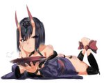 butt clothing female horn looking_at_viewer lying not_furry on_front simple_background solo white_background unoryoku asian_mythology east_asian_mythology fate_(series) japanese_mythology mythology type-moon assassin_shuten-douji demon humanoid oni yokai 2016