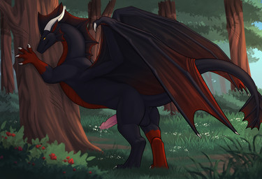 anus balls belly black_body bodily_fluids butt claws erection feral genital_fluids genitals horn male membrane_(anatomy) membranous_wings orange_eyes penis pink_penis precum red_belly solo tail wings conditional_dnp zenrii european_mythology mythology dragon mythological_creature mythological_scalie scalie western_dragon absurd_res hi_res