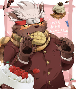 anthro birthday bread cake candy chocolate clothing dessert food food_in_mouth male melon_bread mont_blanc scarf school_uniform shy solo uniform raferafe lifewonders tokyo_afterschool_summoners tadatomo_(tas) canid canine canis domestic_dog mammal absurd_res hi_res source_request unavailable_at_source