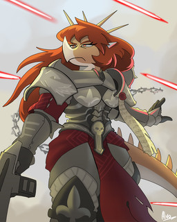 anthro armor biped brown_hair clothed clothed_anthro clothed_female clothing cosplay eyes_mostly_closed facial_horn female fingers frown hair horn humanoid_hands laser long_hair long_tail low-angle_view narrowed_eyes orange_body pose red_eyes solo spiked_tail spikes spikes_(anatomy) tail tan_body text ok-nobody-3893 goodbye_volcano_high ko_op_(game_developer) warhammer_(franchise) warhammer_40000 rosa_(gvh) aquilops ceratopsian dinosaur marginocephalian ornithischian prehistoric_species reptile scalie 2025 4:5 artist_name colored portrait three-quarter_portrait