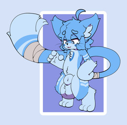 3_toes 4_fingers ahoge animal_genitalia anthro arm_tuft ball_tuft balls bandage bandaged_tail belly big_balls big_tail black_nose blue_background blue_balls blue_body blue_eyes blue_fur blue_hair blue_inner_ear_fluff blue_markings blue_sheath chest_tuft countershading ear_tuft eyebrow_through_hair eyebrows facial_markings feet fingers fully_sheathed fur genitals gloves_(marking) hair head_markings huge_balls inner_ear_fluff leg_markings leg_tuft looking_down male markings nude_anthro nude_male open_mouth plantigrade sheath simple_background socks_(marking) solo standing striped_arms striped_markings striped_tail stripes tail tail_markings tail_tuft toes translucent translucent_hair tuft jratking potayo_(potayonsfw) domestic_cat felid feline felis mammal 2022 absurd_res hi_res