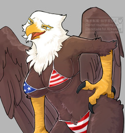 american_flag_bikini anthro beak bent_over big_breasts bikini breasts brown_body brown_feathers claws clothing feathered_wings feathers female flag_bikini flag_swimwear front_view hand_on_hip kemono non-mammal_breasts scuted_hands scutes smile solo swimwear two-piece_swimsuit wings yellow_eyes urotori accipitrid accipitriform avian bald_eagle bird eagle sea_eagle hi_res watermark