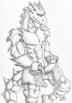 anthro balls erection genitals looking_at_viewer male muscular muscular_anthro muscular_male penis scales solo spikes tail towel grymmbadger mythology dragon mythological_creature mythological_scalie scalie 2011 absurd_res hi_res monochrome traditional_media_(artwork)