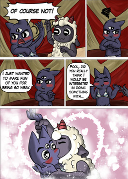 3_eyes anthro blush clothed clothing comic_panel crossdressing dialogue duo forced forced_kiss fur heart_eyes heart_symbol horn kiss_on_lips kissing male male/male multi_eye nude slapping_hand smile speech_bubble text tsundere white_body white_fur wool_(fur) krekel cult_of_the_lamb massive_monster_(studio) lamb_(cult_of_the_lamb) narinder red_crown_(cult_of_the_lamb) bovid caprine domestic_cat felid feline felis mammal absurd_res comic digital_media_(artwork) english_text hi_res
