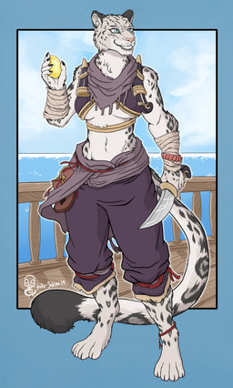 4_toes 5_fingers ankle_band anthro barefoot biped black_body black_fur blue_eyes breasts claws clothed clothed_anthro clothed_female clothing cloud day digitigrade dipstick_tail feet female finger_claws fingers front_view fur grey_body grey_fur holding_knife holding_object humanoid_hands knife long_tail looking_aside markings medium_breasts midriff navel outside paws pirate railing sea ship sky smile solo spots spotted_markings standing tail tail_markings text toe_claws toes vehicle water watercraft white_body white_fur wood vuko-jebina dungeons_and_dragons hasbro wizards_of_the_coast felid mammal pantherine snow_leopard tabaxi 2019 absurd_res artist_name full-length_portrait hi_res portrait
