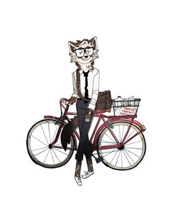 anthro bicycle clock clothed clothing collared_shirt dress_shirt eyewear footwear fully_clothed glasses male messenger_bag necktie shirt shoes solo topwear vehicle watch wristwatch cocadope cooper_mordaut domestic_ferret mammal mustelid musteline true_musteline weasel absurd_res hi_res