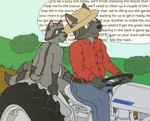 anthro bottomwear casual_nudity clothed clothed/nude clothed_male clothing duo hat headgear headwear male nude pants shirt speech_bubble text topwear tractor vehicle wall_of_text young young_anthro young_male wonka_(artist) krayton mammal procyonid raccoon hi_res