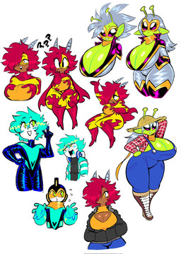 antennae_(anatomy) armor big_breasts blue_hair bodysuit boots breasts brown_body brown_skin cape cleavage cleavage_cutout clothed clothing curvy_figure cutout electronics eyelashes eyewear female footwear gesture green_body green_skin hair hand_behind_head hand_gesture hat headgear headphones headwear helmet hoodie horn huge_breasts humanoid_pointy_ears legwear long_hair male mask open_mouth overalls pointy_ears purple_eyes question_mark red_hair scarf shoes sitting skinsuit standing straw_hat teeth thigh_highs tight_clothing topwear v_sign voluptuous white_body white_hair white_skin wide_hips yellow_eyes theguywhodrawsalot penny_(theguywhodrawsalot) sara_(theguywhodrawsalot) valerie_(theguywhodrawsalot) alien alien_humanoid horned_humanoid human humanoid mammal hi_res